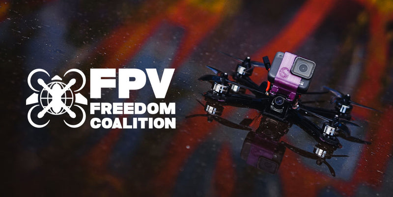 An image of an FPV Drone with the words FPV Freedom Coalition and the FPVFC logo.